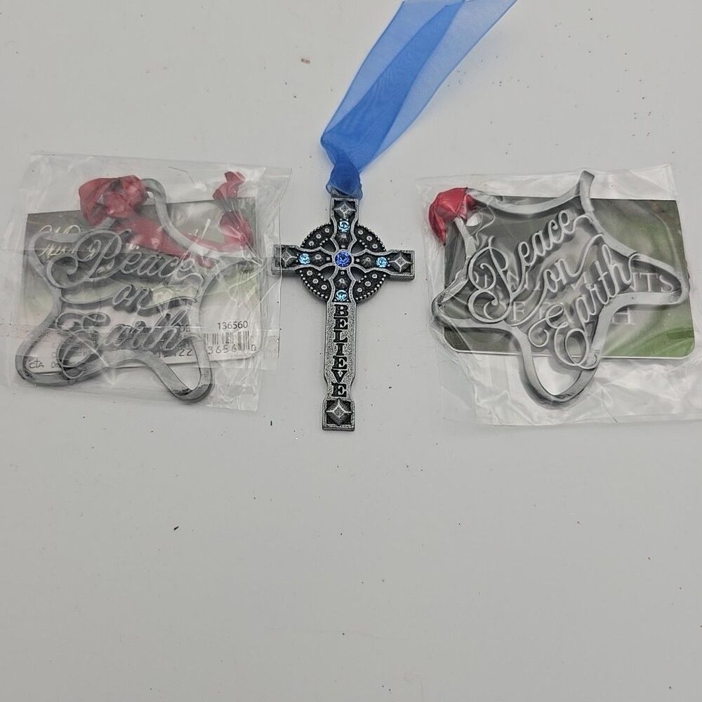 Gloria Duchin Christmas Ornament Pewter Cross Believe And 2 New Piece On Earth